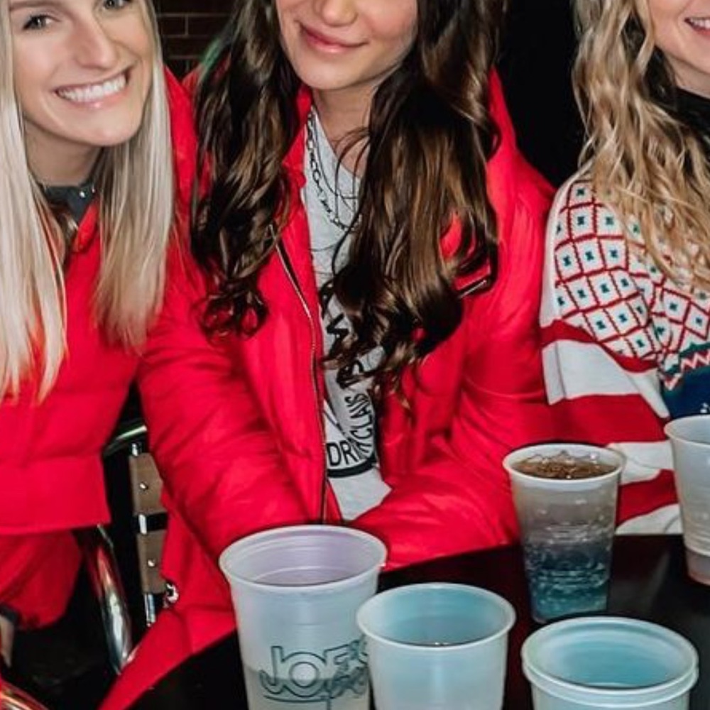 Red puffer jacket